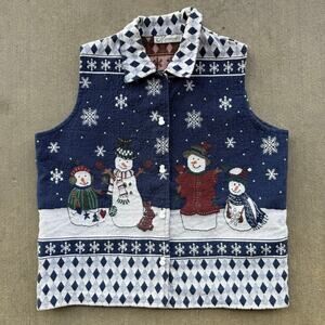 Vintage 90s Dressbarn Tapestry Woven Snowman Snow Rustic Christmas Vest 14/16